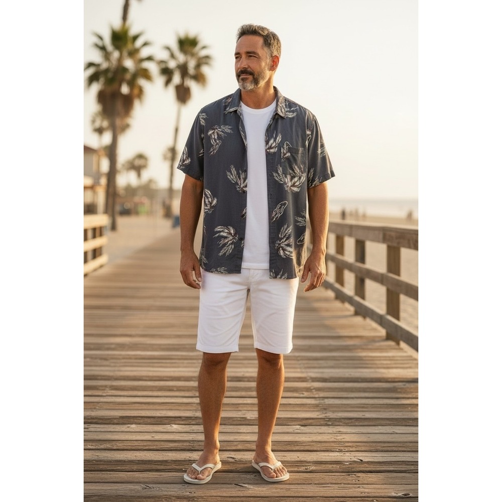 Globe Appleyard Mens Medium Short Sleeve Button Down Shirt Gray Palm Flame Print